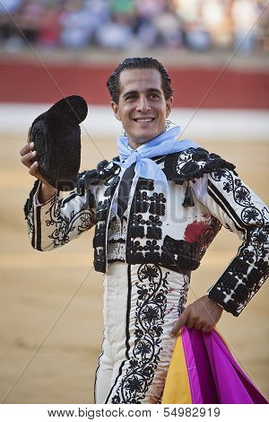 Bullfighter Ivan Fandiï¿½o to the turning of honour with montera hat in his hand in the Bullring of 