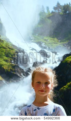 Portrait Girl On Summer Waterfall Background