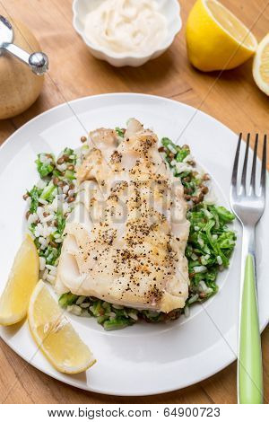 Cod  with Lentil, Rice and Silver Beet Pilaf