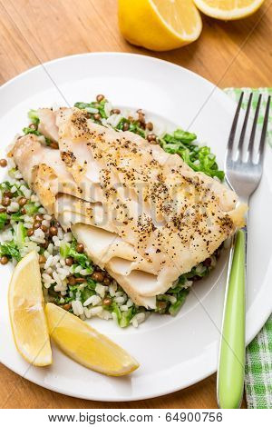 Cod  with Lentil, Rice and Silver Beet Pilaf
