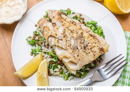 Cod  with Lentil, Rice and Silver Beet Pilaf