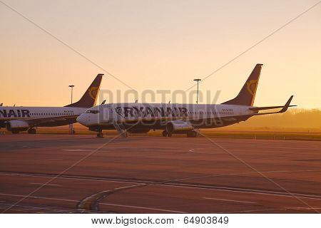 CHARLEROI, BELGIUM - FEBRUARY 2: Airliners of Ryanair parked at Brussels - Charleroi airport, Feb 2th 2014. Ryanair is the largest low-cost carrier in Europe.