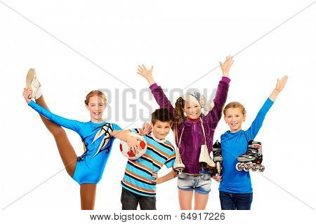 Group of children, fond of different sports, standing together and smiling. Isolated over white.