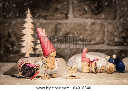 Wine Cork Figures, Concept Santa And Children In The Snow