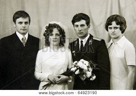LENINGRAD (now St. Petersburg), RUSSIA - CIRCA 1970-th: Antique photo shows a wedding.