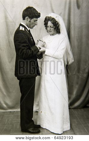 LENINGRAD (now St. Petersburg), RUSSIA - CIRCA 1970-th: Antique photo shows a wedding.
