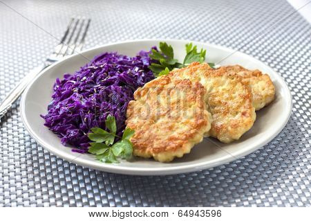Chicken Fritters And Stewed Red Cabbage With Caraway Seeds