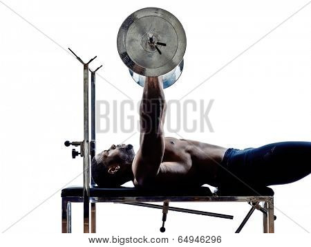 one muscular man body builders building weights in silhouettes on white background