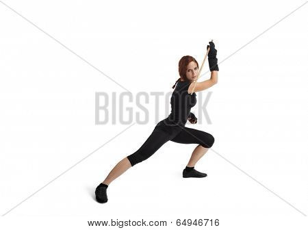 Woman Fencing On White Background