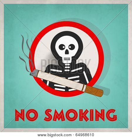 Vintage Poster, banner or flyer design for World No Smoking Day with human skeleton and cigarette on green background.