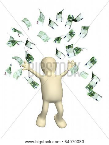 Happy puppet and a banknotes of euro. Isolated on white background