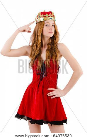 Redhead girl with crown isolated on white