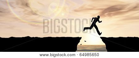 Concept or conceptual young man or businessman silhouette jump happy from cliff over water gap sunset or sunrise sky background banner