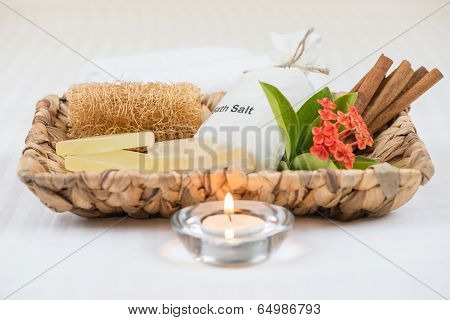 Balt Salt And Loofah In Banana Leaf Basket