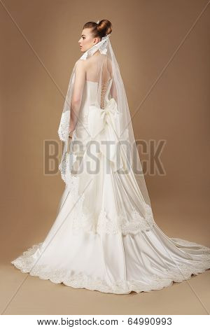 Graceful Woman In Light Sumptuous Dress And Veil