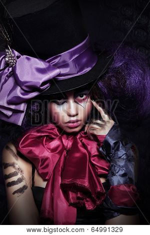 Theater. Masquerade. Fancy Artistic Woman Harlequin Performing