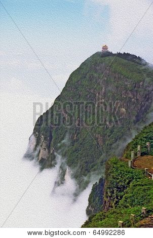 Temple On The Top Of Mount Emei Overlooks The Sea Of Clouds, China, Oil Paint Stylization
