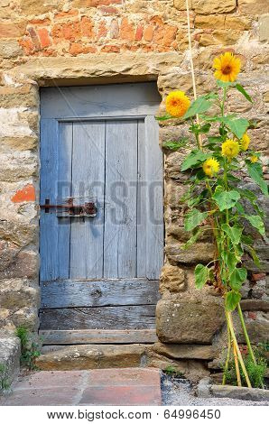 Blue Door and Sunflowers