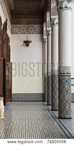 The Marble Craft And Wooden Painting Of Corridor At Marakesh Museum In Marrakesh
