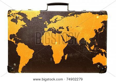 Old suitcase globetrotter with a world map.
