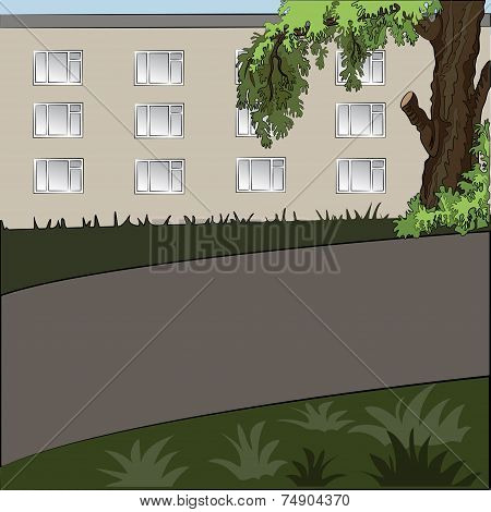 Illustration of city landscape in the daytime: tree, house, sidewalk and grass lawn