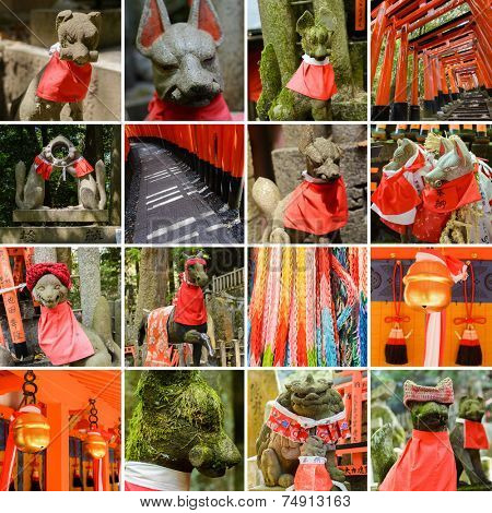 Collection of Fushimi Inari Taisha Shrine scenics, fox statue, thousands of torii, paper cranes of thousand etc.