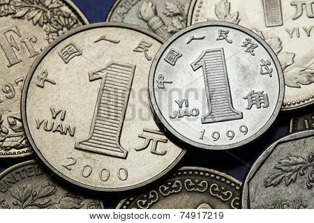Coins of China. Chinese one Yuan and one Jiao coins.