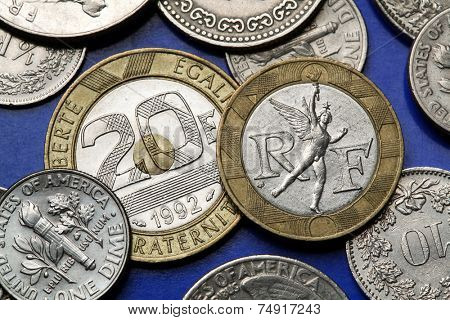 Coins of France. Genius of Liberty by Auguste Dumont from the top of the July Column depicted in the old 10 French franc coin.