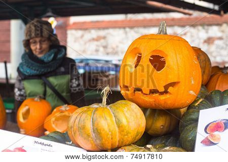KRAKOW, POLAND - OCT 29, 2014: Unidentified townspeople and scenery for celebrating Halloween in Krakow.