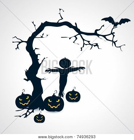 Silhouettes of scarecrow, pumpkins, bat and tree halloween symbol - vector illustration