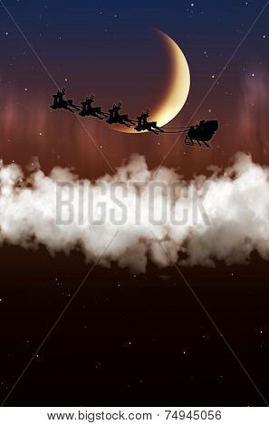 Santa Claus is flying on a background of the moon at night Christmas reindeer, delivering gifts.
