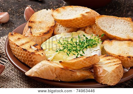Baked Camembert cheese with thyme and toast rubbed with garlic