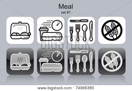 Meal menu food and drink icons. Set of editable vector monochrome illustrations.