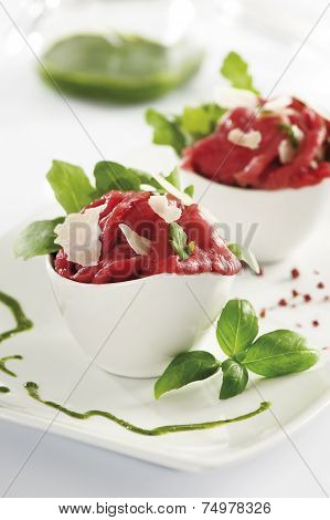 An Amazing Dish With Uncooked Meet, The Italian Name Is Carpaccio
