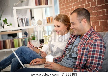 Roommates at home websurfing on laptop 