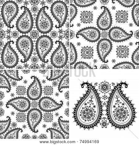Winter Paisley seamless  pattern set.Silhouette lace
