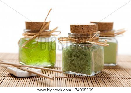 Green color bath salt and liquid soap