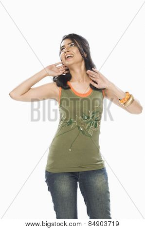 Fashion model posing and laughing