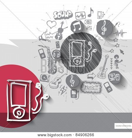 Hand drawn walkman icons with icons background