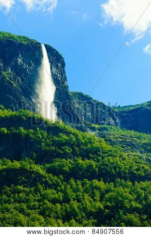 Beautiful Waterfall In Norway Fjords