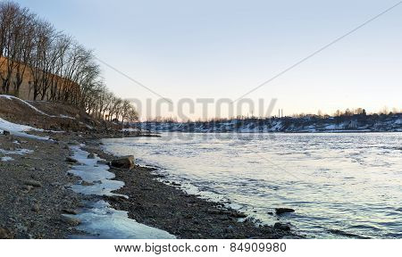 Narova river landscape at early spring dawn