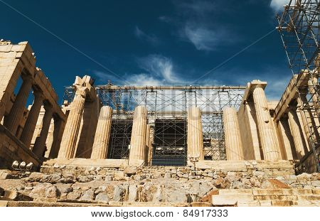Ruins of an ancient gateway under renovation, Propylaea, Acropolis, Athens, Greece