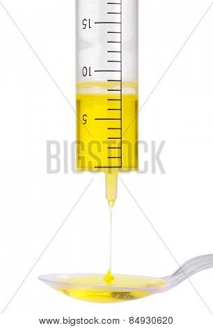 Medicine dropping out from a doser onto a spoon