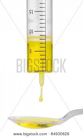 Medicine dropping out from a doser onto a spoon
