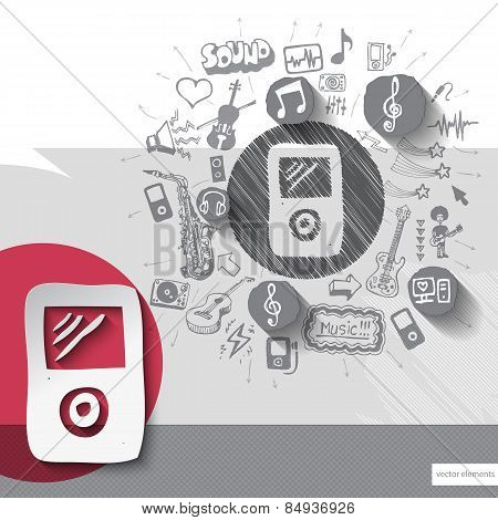 Hand drawn walkman icons with icons background