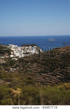 Terraced field with sea in the background, Ponza, Tyrrhenian Sea, Province Of Latina, Lazio, Italy