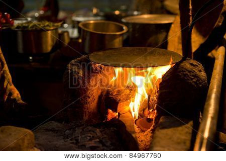 Close-up of a griddle on traditional Indian stove, Pushkar, Ajmer, Rajasthan, India