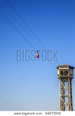 Low angle view of overhead cable car, Barcelona, Catalonia, Spain