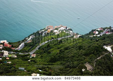 Aerial view of houses on the coast, Villa Cimbrone, Ravello, Province of Salerno, Campania, Italy