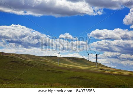 Wind turbines on a hill, Vallata, Avellino, Campania, Italy